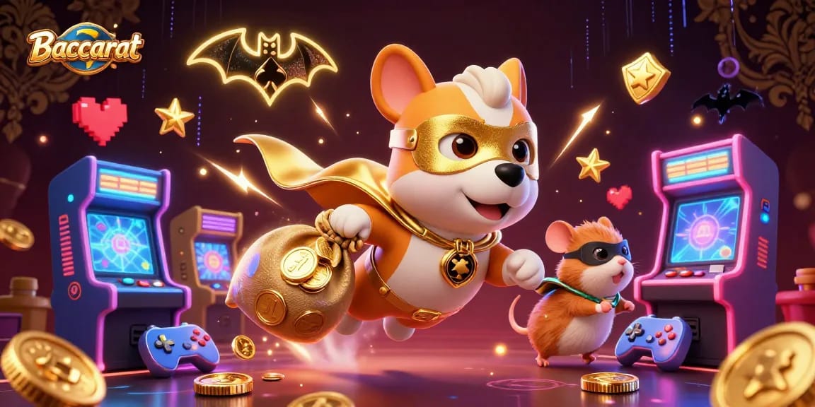 Baccarat game celebrated through a lively scene with a superhero dog and hamster, evoking fun and strategy.