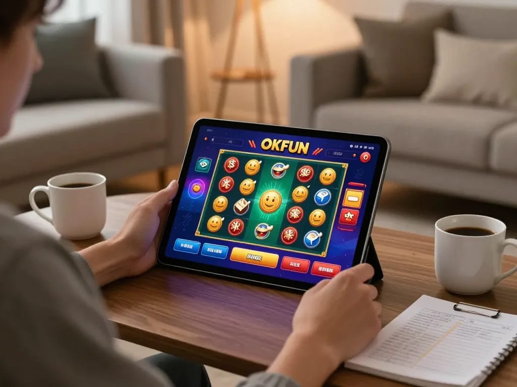 Engaging with OKFUN casino app on tablet in a cozy atmosphere, highlighting online gaming.