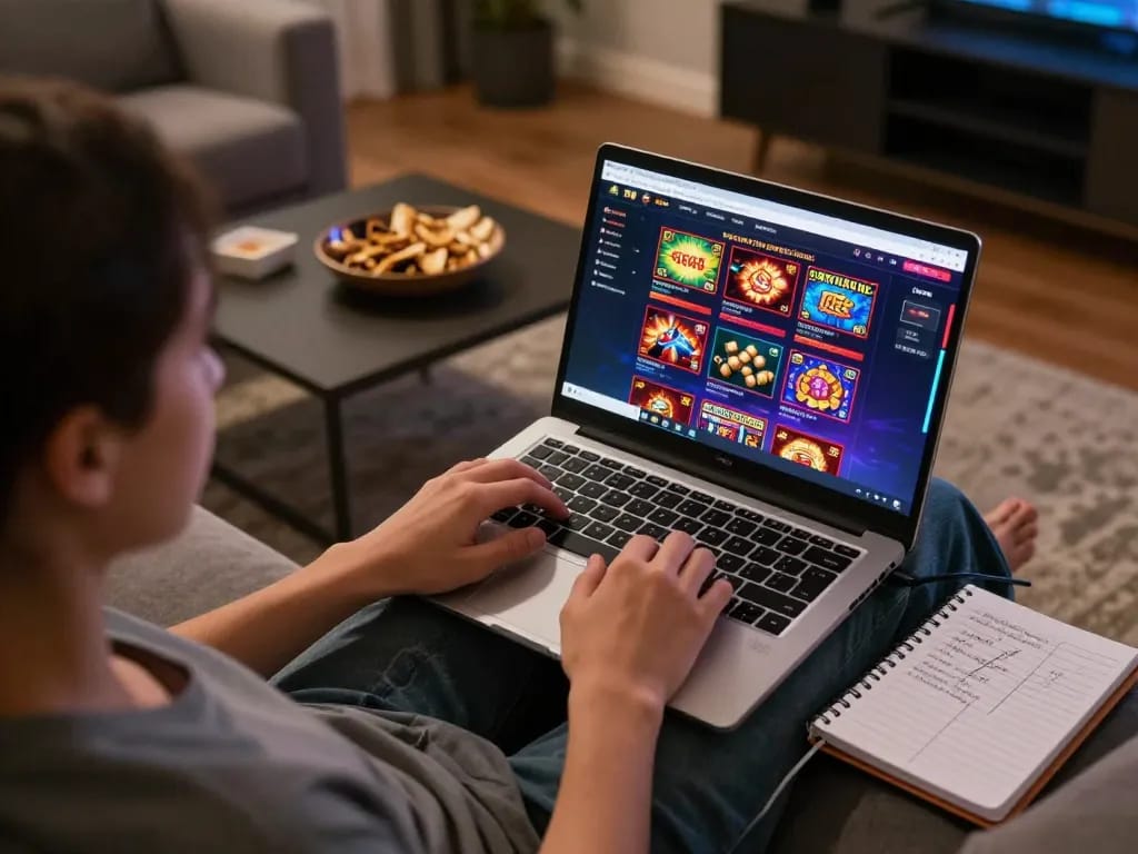 Enjoying a TR88 link session on a laptop, a focused player engages with thrilling online casino games.