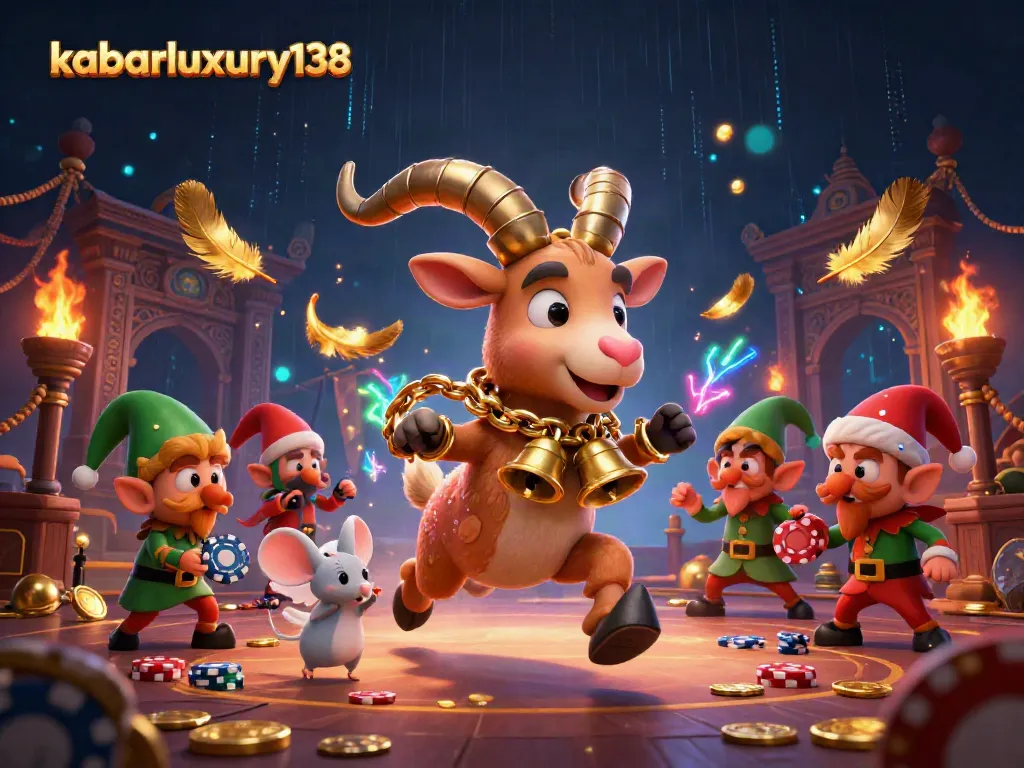 Ilustrasi kasino dengan kabarluxury138, Krampus, dan karakter unik yang menciptakan suasana menarik.