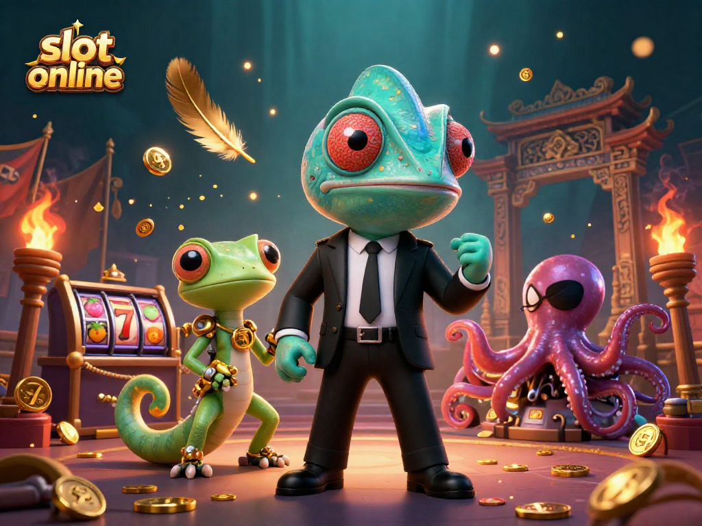 Engage in slot online fun with a vibrant 3D casino scene featuring cartoon characters and dynamic game elements.
