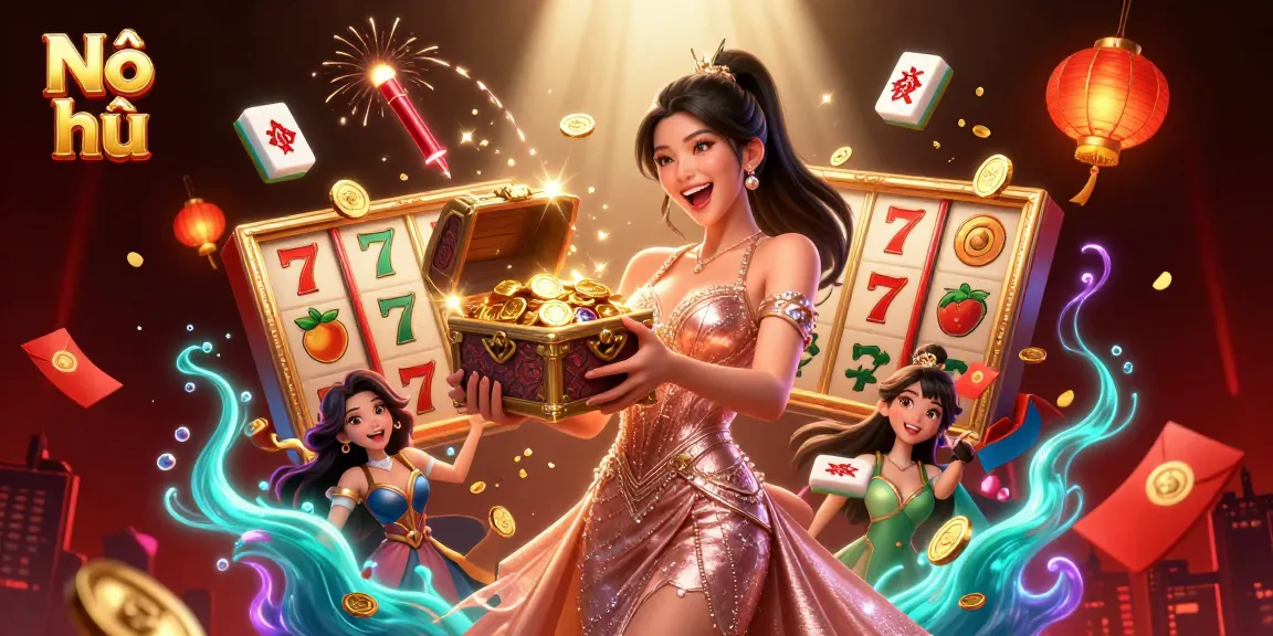 Nổ hũ gaming excitement illustrated with a joyful Asian woman presenting a treasure trove of riches and vibrant casino elements.