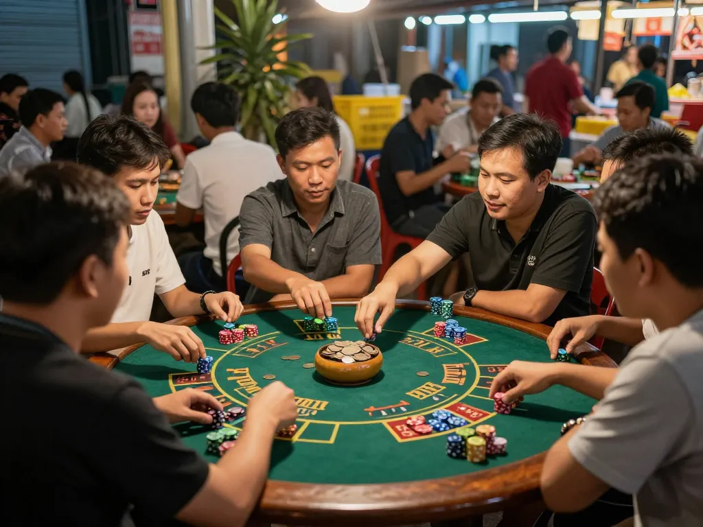 Xóc đĩa players engaging in a traditional gambling game, showcasing vibrant tokens and community spirit