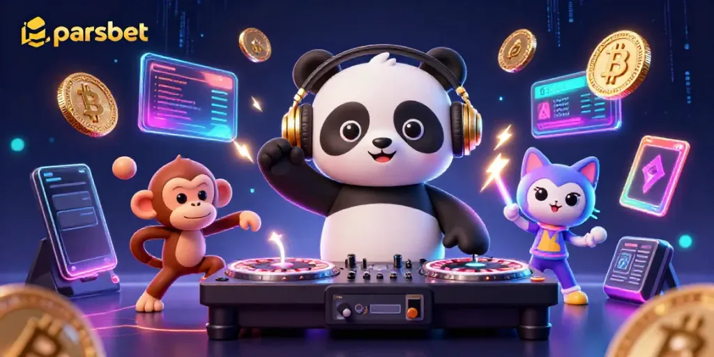 Parsbet'te eğlenceli anları kutlayan DJ panda, dans eden maymun ve rave kıyafetli kedi tasvir ediliyor.