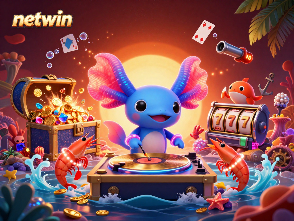 Experience the vibrant underwater world of netwin with a DJ axolotl, dancing shrimp, and colorful casino elements.