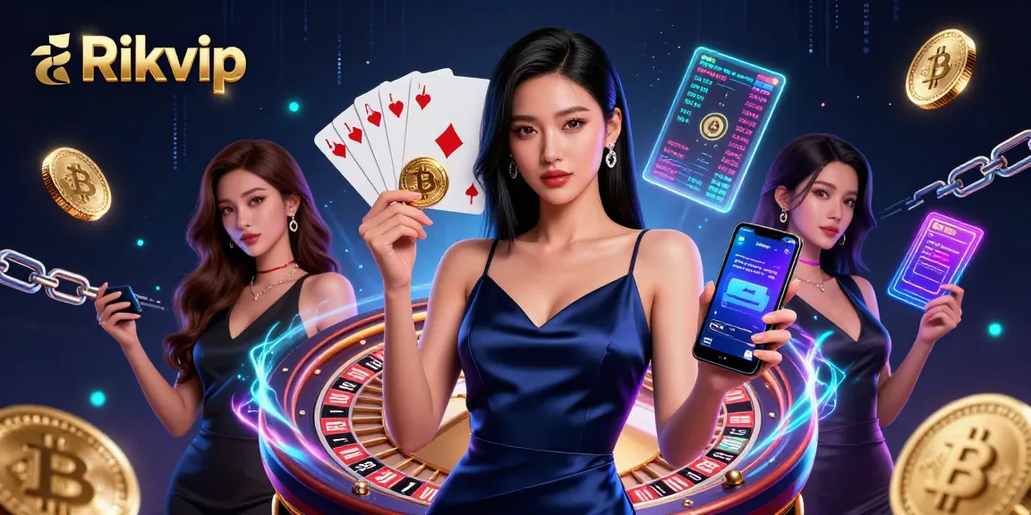 Engage with Rikvip's electrifying casino experience featuring a confident woman among vibrant gaming elements.