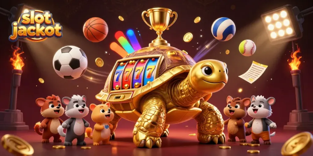 Experience the excitement of slot jackpots with a golden tortoise as a slot machine alongside a cheering crowd.