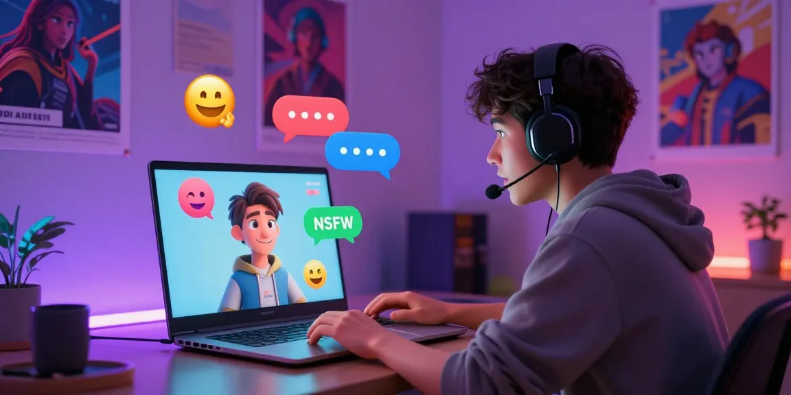 User interacting with NSFW AI character on laptop in a vibrant digital chat space.