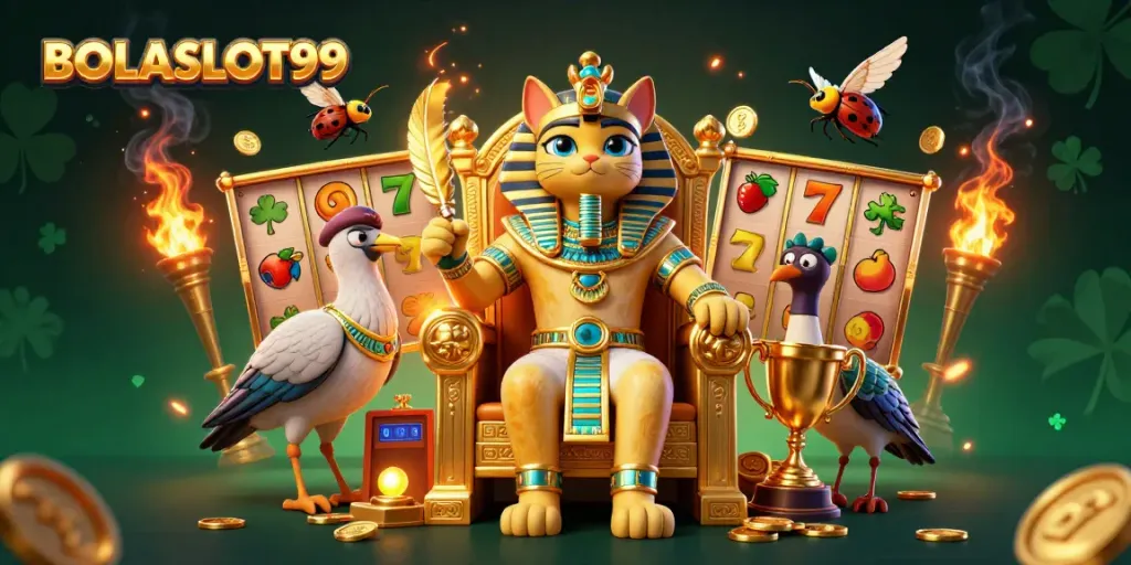 Experience BOLASLOT99 magic with a vibrant casino scene illustrating slot reels and a pharaoh cat!