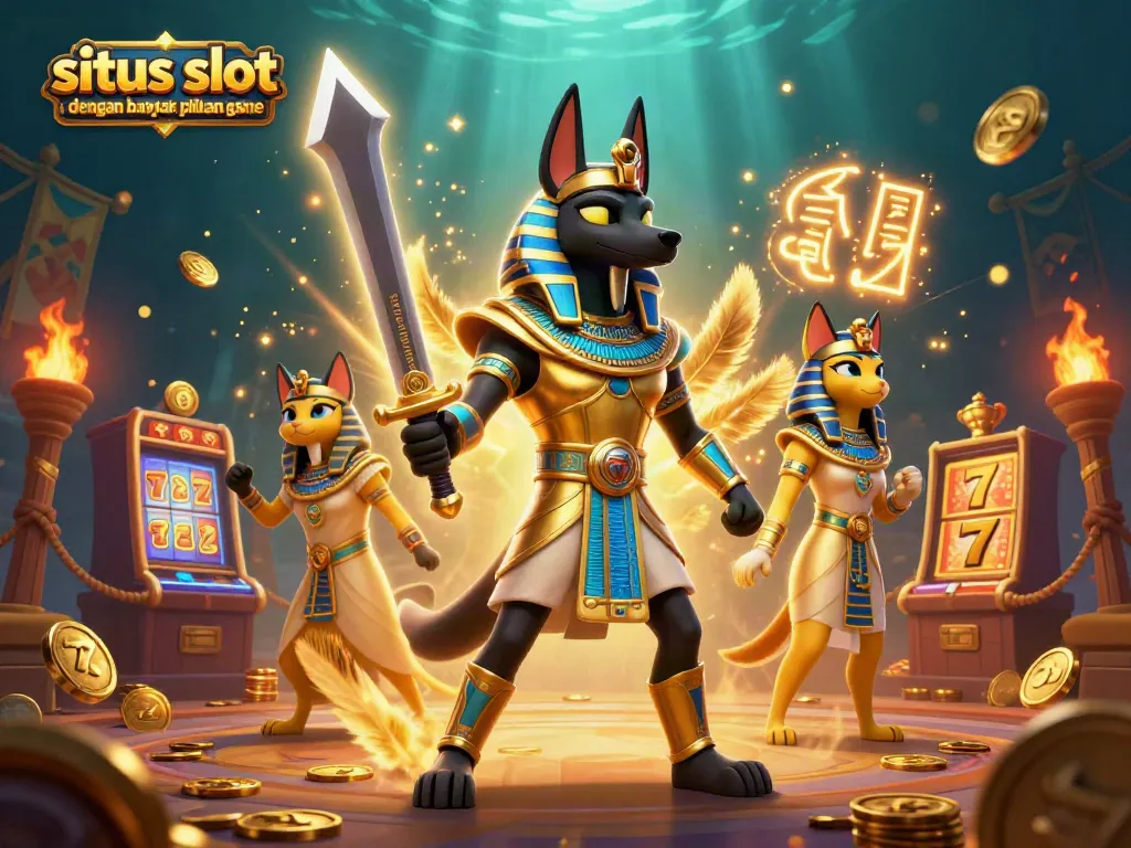Menangkan permainan di situs slot dengan banyak pilihan game, dikelilingi oleh simbol keberuntungan dan efek dramatis.