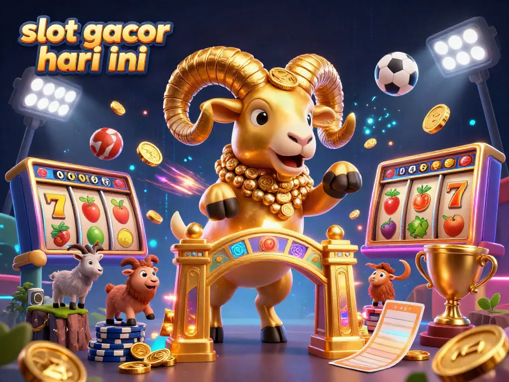 Slot gacor hari ini menampilkan ilustrasi 3D yang dinamis dengan domba emas dan elemen kasino menarik.