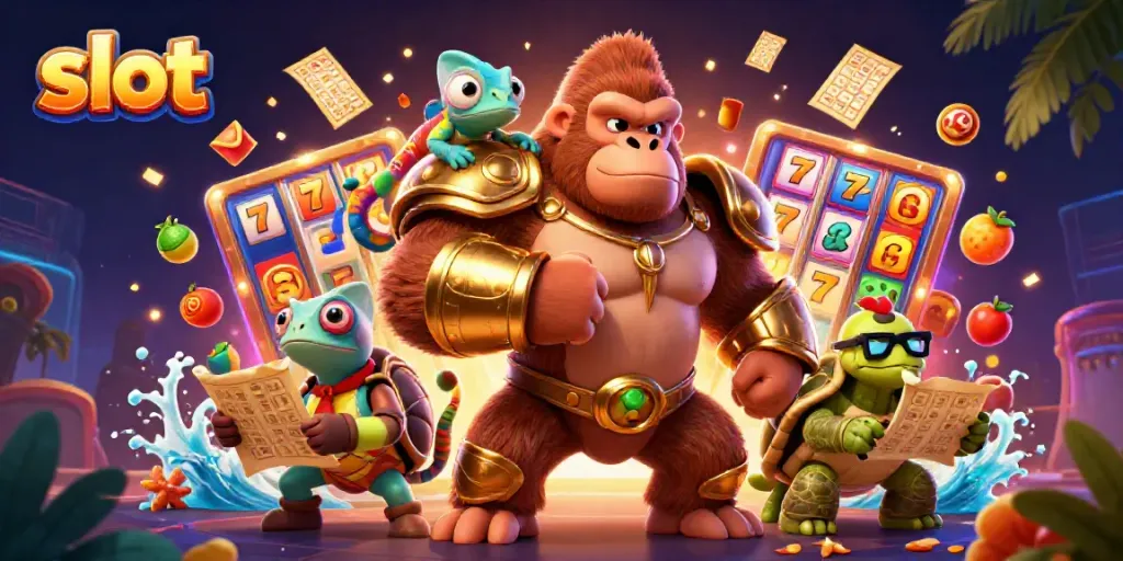 Experience thrilling slot action in this vibrant 3D casino illustration featuring lively characters and engaging symbols.