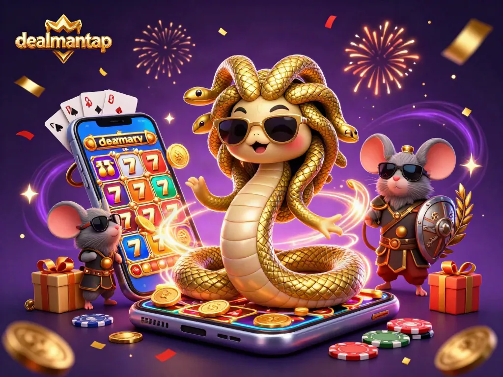 Unlock amazing wins at dealmantap with vibrant 3D casino characters surrounded by fun gaming elements.