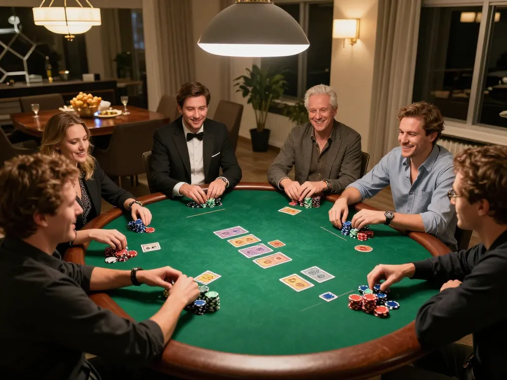 Max88 players enjoying a friendly poker game night with chips and cards visible.