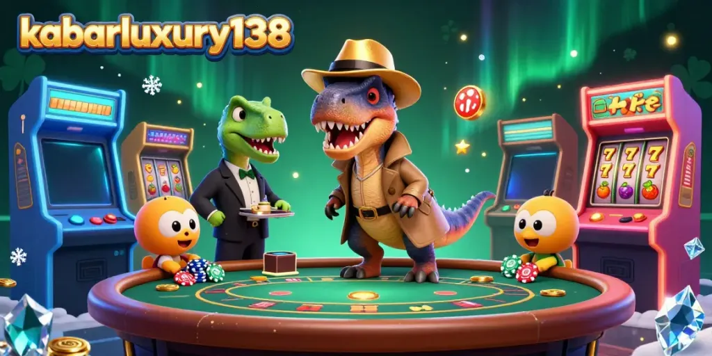 Engaging 3D illustration of kabarluxury138's casino scene with animated characters and colorful slot elements.