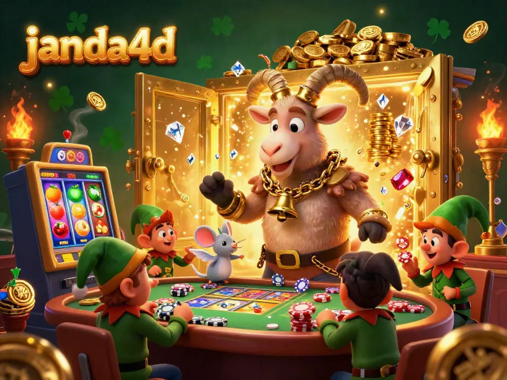Permainan slot menarik di janda4d dengan suasana kasino ceria, Krampus, dan gremlin mencuri chip.