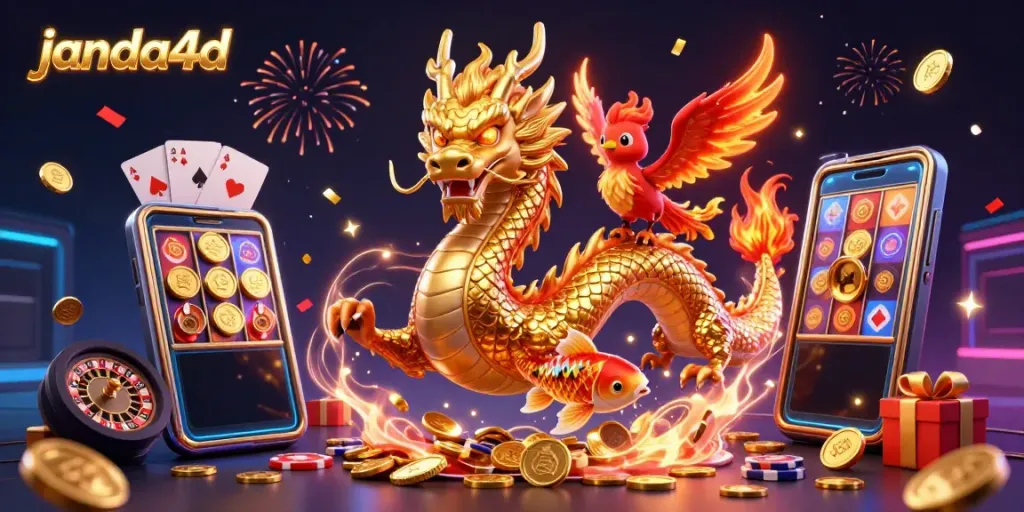 Janda4d membawa suasana meriah dengan naga emas, phoenix merah, dan ikan koi dalam pertandingan game togel online.