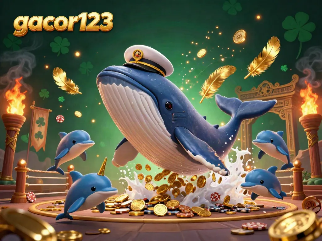 Experience the excitement of gacor123 with a 3D illustration of a captain whale and playful dolphins in a casino adventure.