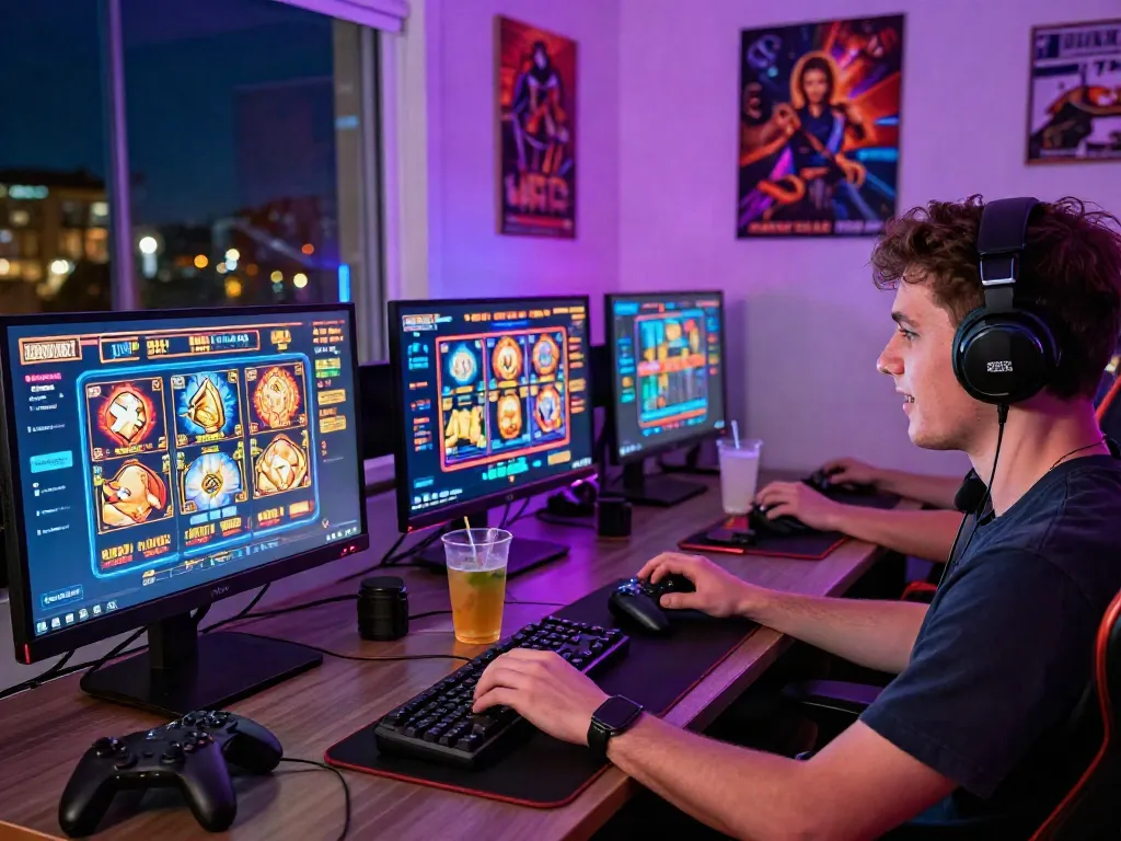 Exciting gaming setup for slot online players with vibrant screens and lively atmosphere.