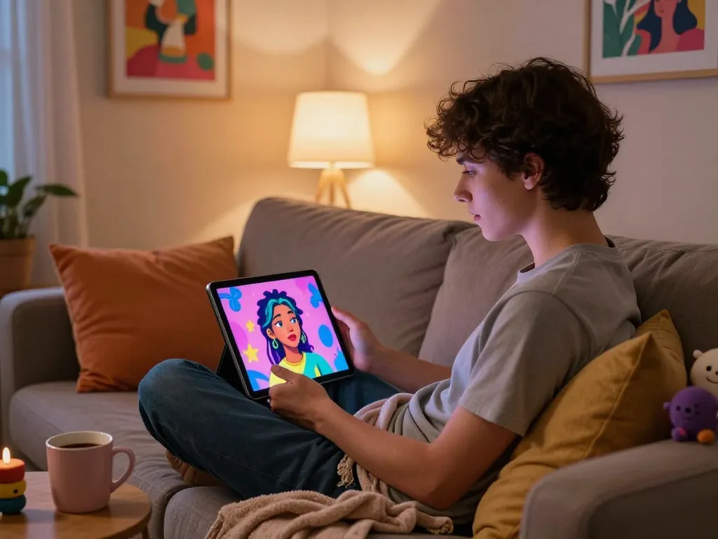 Engaging conversation with NSFW AI character on a tablet in a cozy home setting.