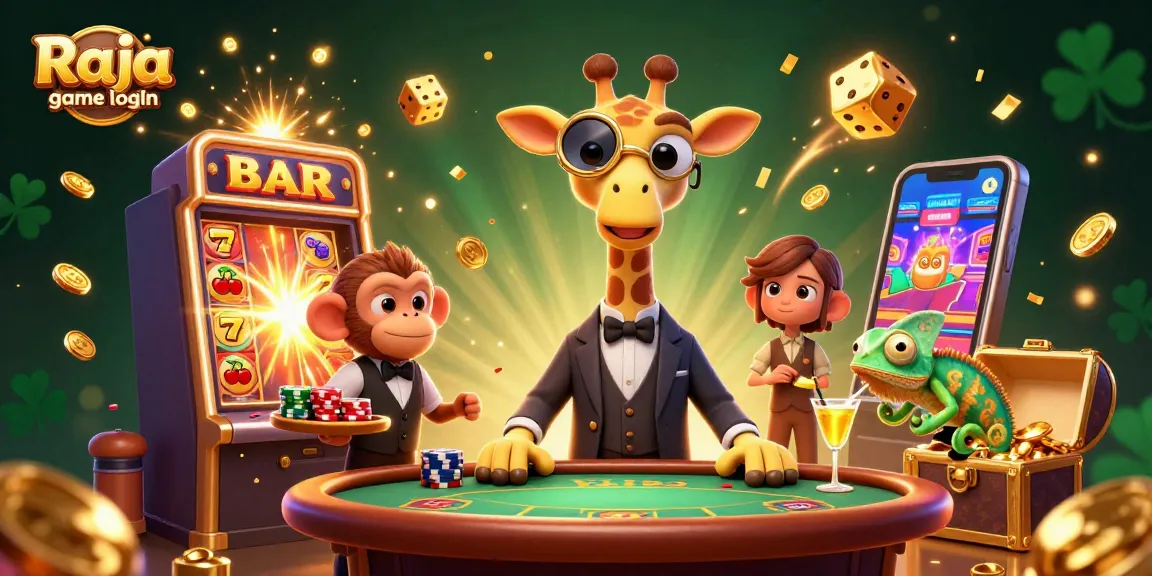 Experience Raja game login with a vibrant 3D casino scene featuring a high-roller giraffe, monkey valet, and chameleon bartender.