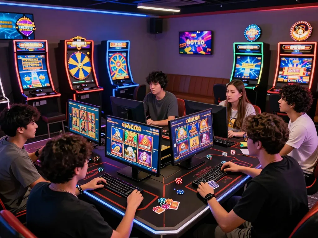Pemain menikmati permainan slot gacor hari ini di lounge permainan yang meriah, dikelilingi oleh layar modern dan suasana yang penuh semangat.
