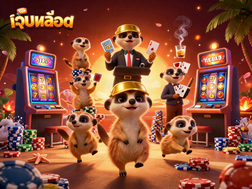 Win big with เว็บสล็อต as meerkats expertly manage a casino in this vibrant 3D illustration.