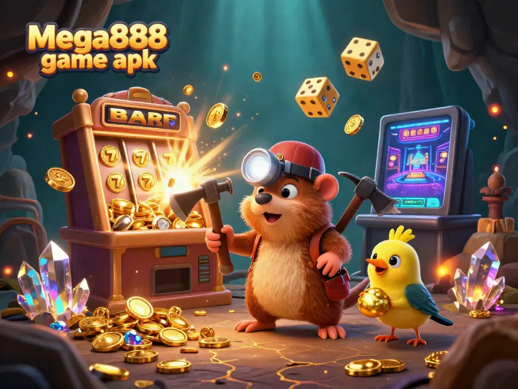 Engage with the exciting mega888 game apk in this vibrant 3D casino illustration full of treasures.
