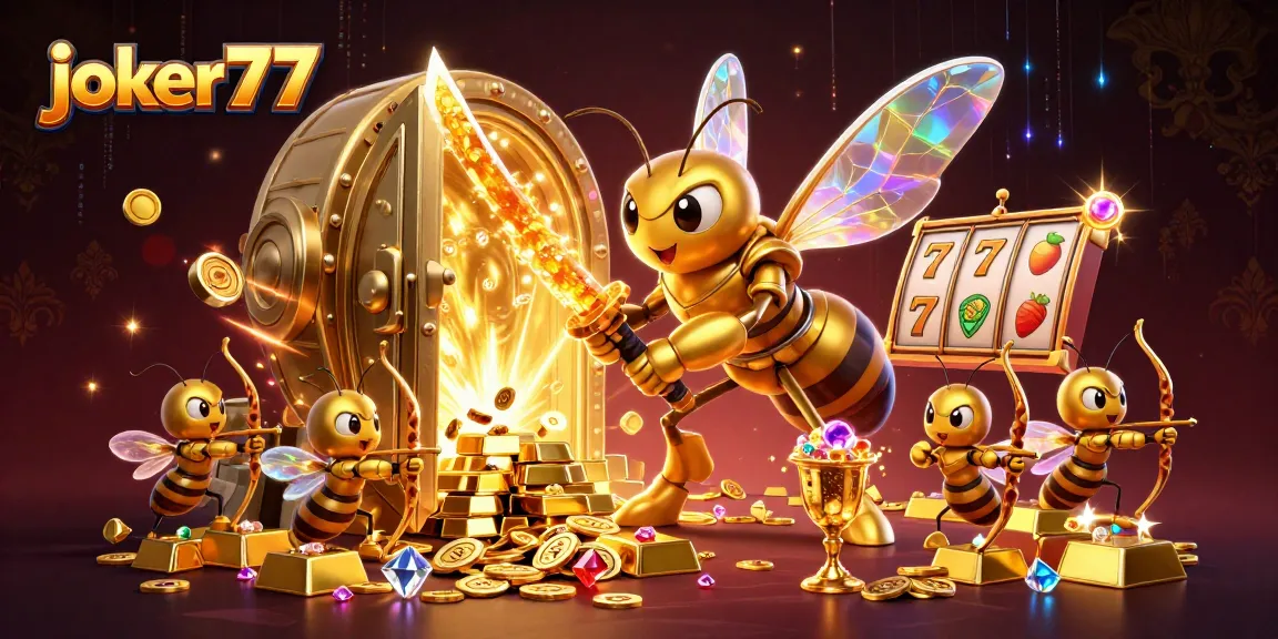 Engage with joker77's vibrant casino world, featuring dynamic slot symbols and a treasure-filled scene.