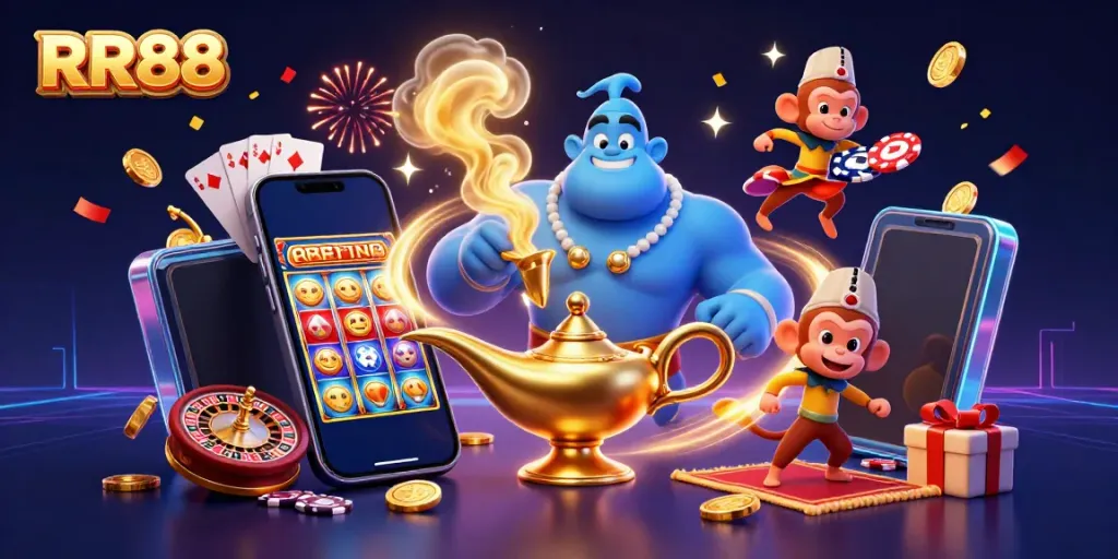 RR88 captivating scene with a genie, money, and casino elements celebrating winnings.