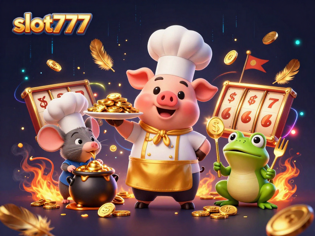 Try your luck with slot777, as the chef pig serves golden coins amidst a dynamic casino scene.