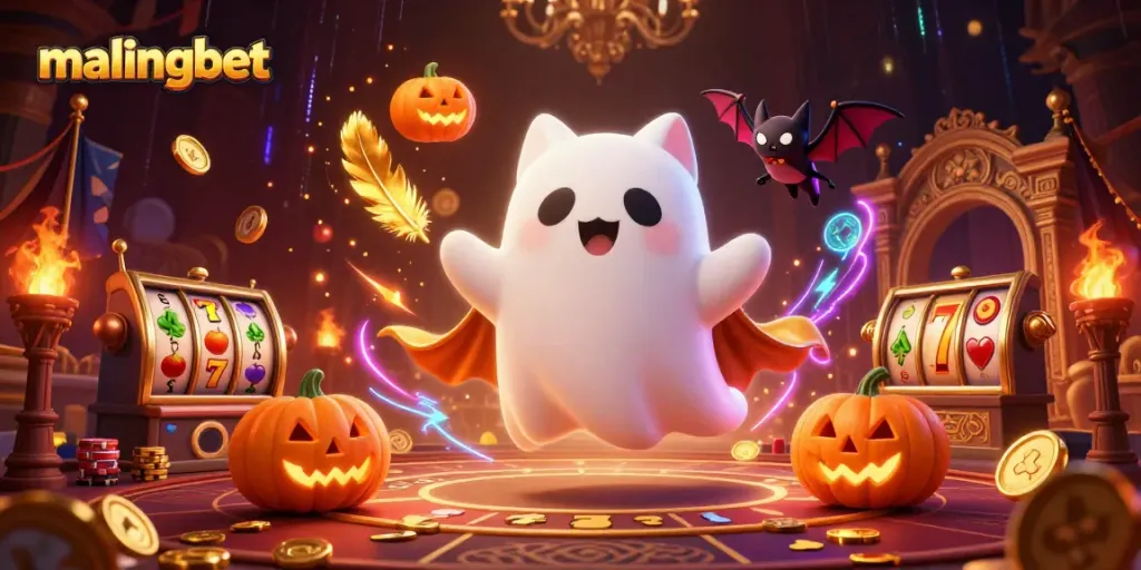 Menangkan permainan di malingbet dengan gambar kucing hantu berteman kelelawar dan jack-o-lantern yang berkilau.