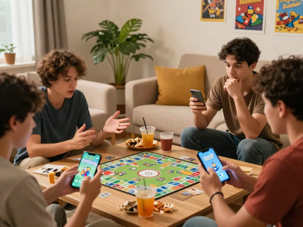 Engaged friends playing Rumble Rummy on mobile devices in cozy living room.
