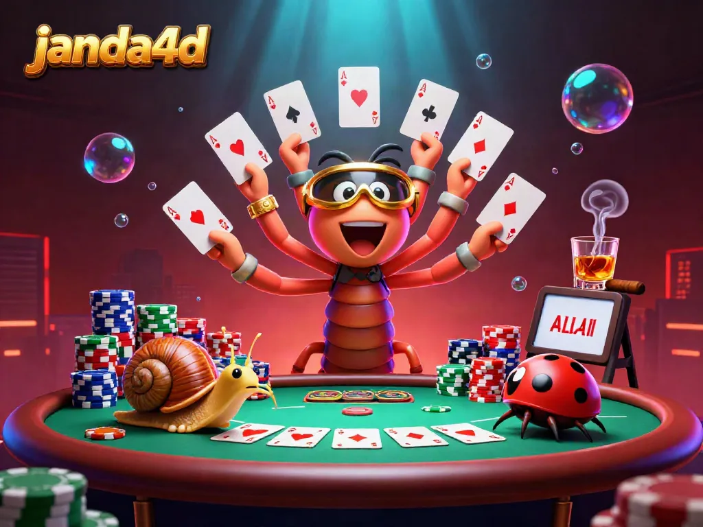 Gambaran dealer kartun janda4d dengan kartu dan chip poker dalam suasana kasino yang meriah.