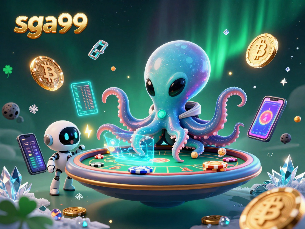 Sga99 players strategizing at a vibrant alien poker table with 3D coins and cards