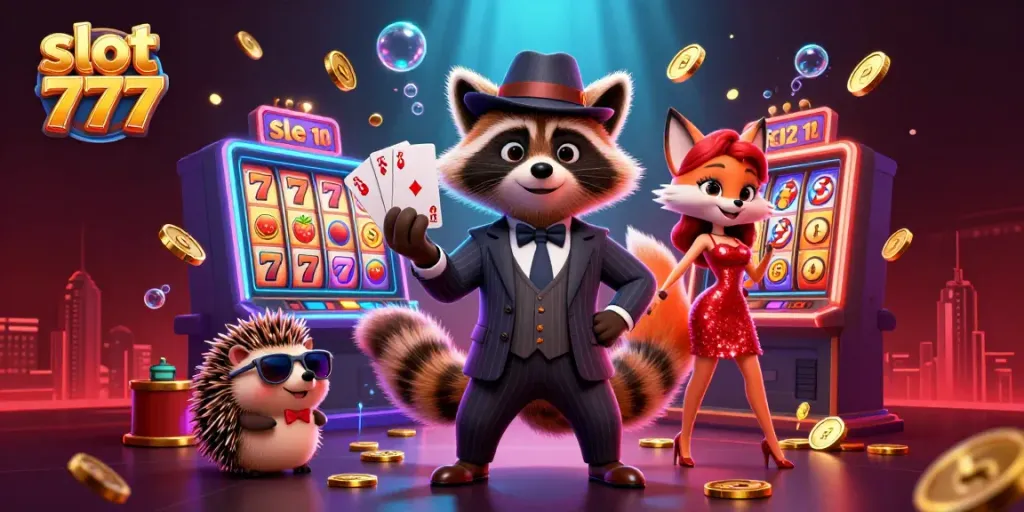 Berbagai karakter yang bersemangat melakukan spin di slot 777 dalam suasana penuh kegembiraan.