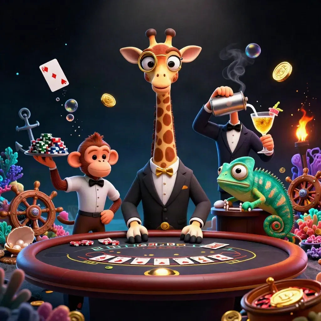 A giraffe, monkey, and chameleon in a glowing treasure-cove casino scene with coins, cards, and neon light.