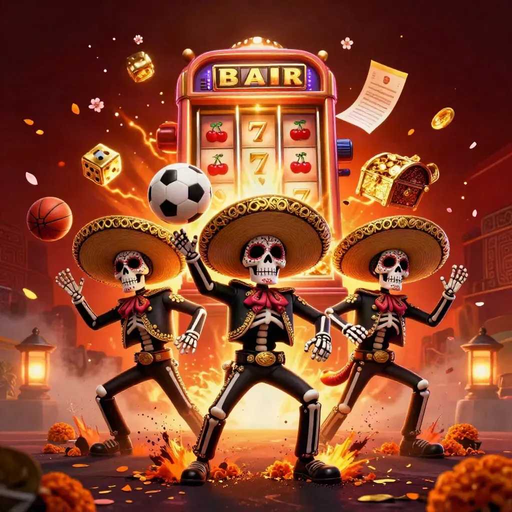 Skeleton mariachi trio amid slot burst, soccer ball, basketball, and gold casino glow