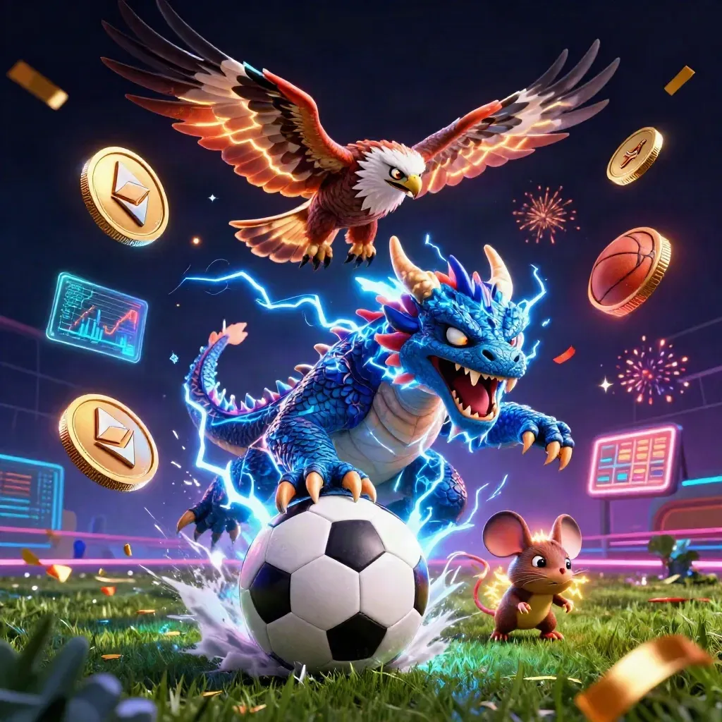 Thunder dragon, wind hawk, and static mouse surround a flying soccer ball in neon casino light.