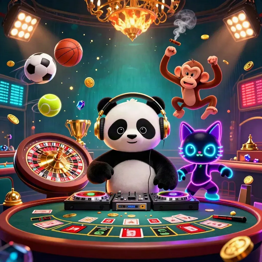 DJ panda, dancing monkey and glow-stick kitten in a neon casino rave with roulette, balls and gold.
