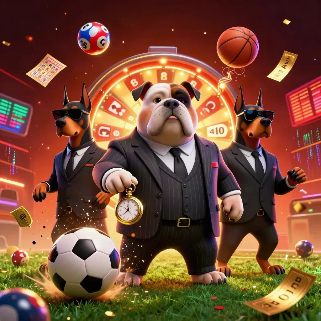 Bulldog and Dobermans in suits amid flying sports balls, lottery balls, neon casino chaos.