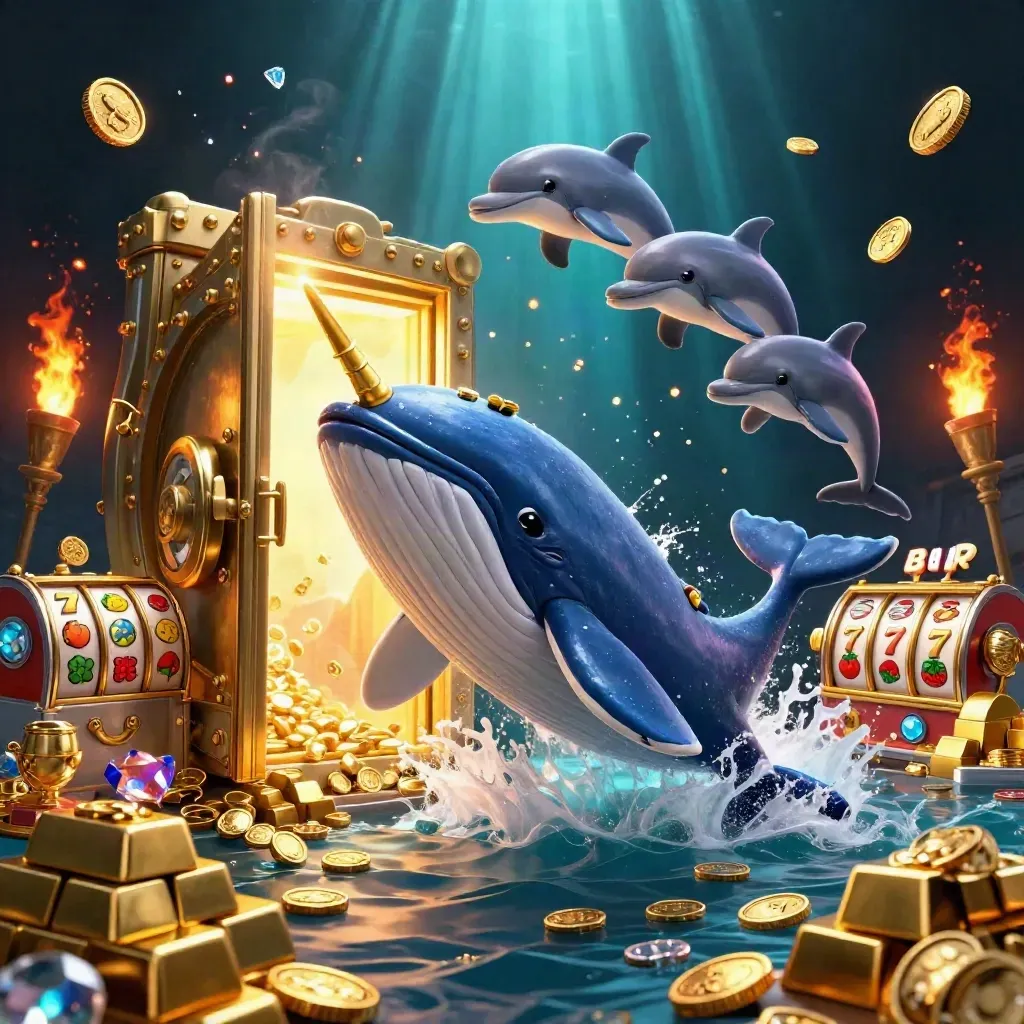 Whale captain, narwhal, and dolphins burst from an underwater treasure vault in gold and emerald casino glam.