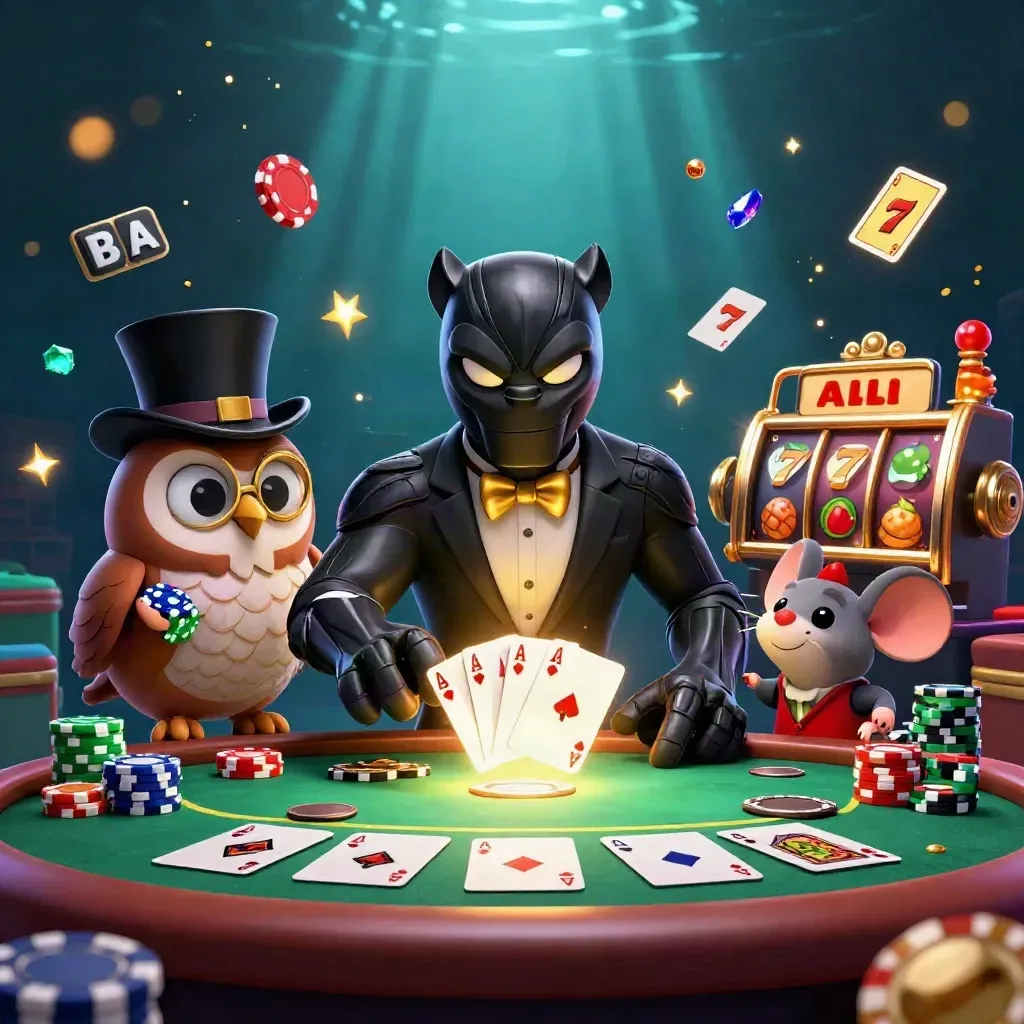 Panther, owl, and mouse play cards amid chips, aces, reels, and gold casino glow.
