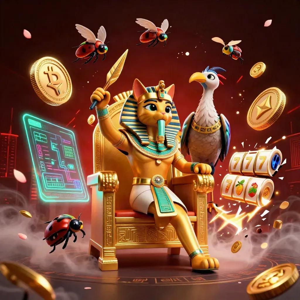 Pharaoh cat, ibis scribe, and scarabs burst amid neon casino treasure and tech glow.