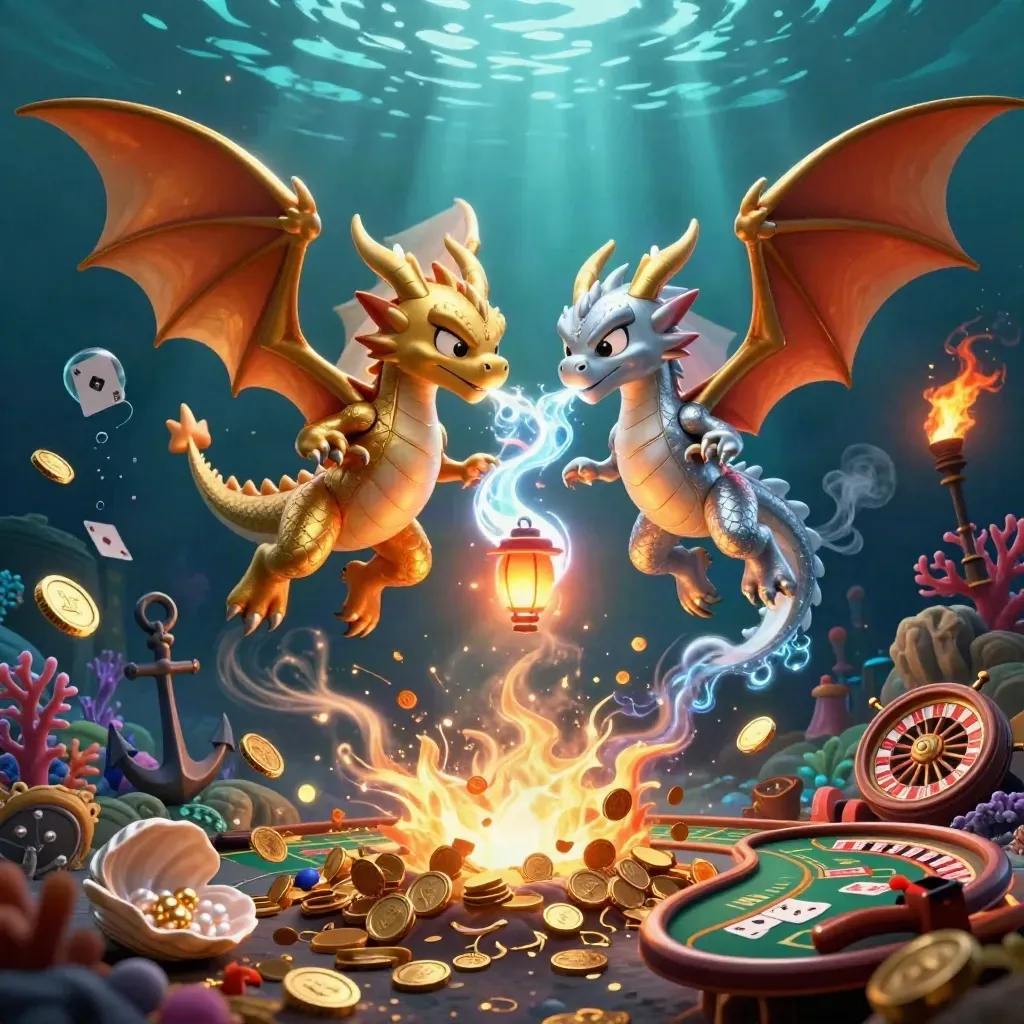 Twin gold and silver dragons over a coin vault in an underwater casino cove
