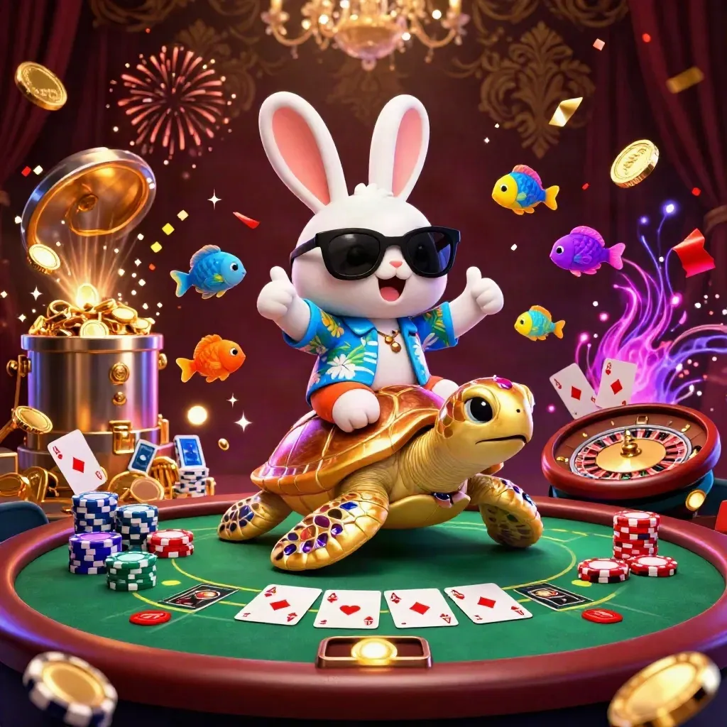 Lucky rabbit rides jeweled turtle amid casino chips, cards, coins, fireworks, and glowing confetti.