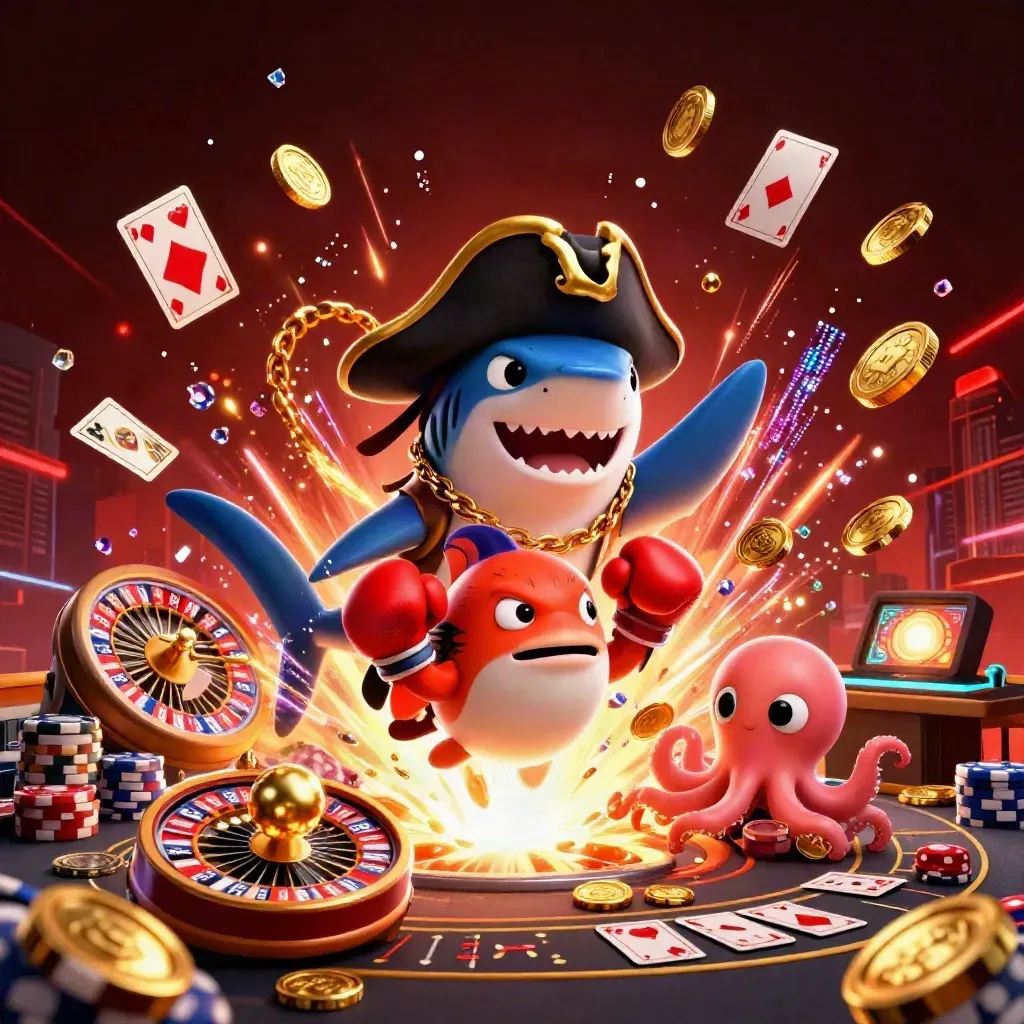 Pirate shark, boxing pufferfish, and coin-juggling octopus amid casino coins, cards, and neon sparks.