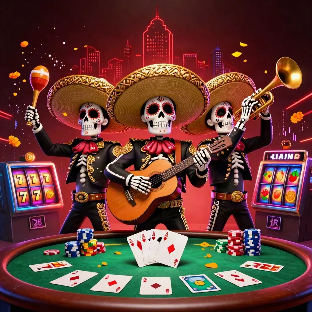 Three skeleton mariachi musicians amid casino chips, cards, slot reels and neon energy
