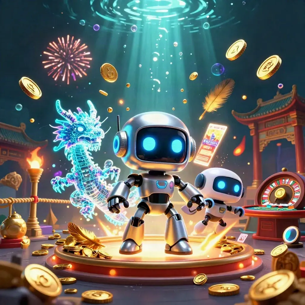 Cyberpunk robot, holographic dragon and coin drone amid vault coins, fireworks and casino relics.