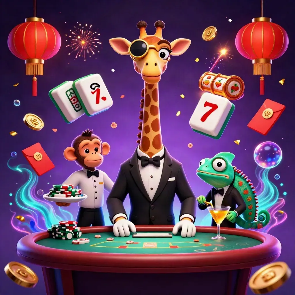 Giraffe, monkey valet, and chameleon bartender amid neon casino bursts and gold-lit game symbols.